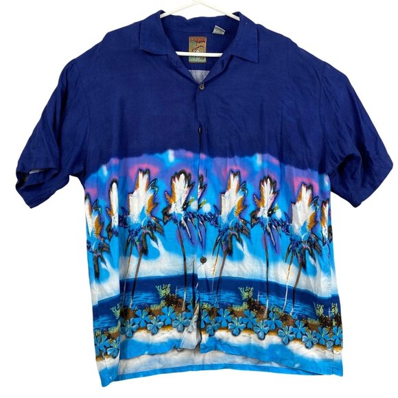 Pineapple Connection Men's Hawaiian Shirt XL Blue with Palm Tree Print Casual - Picture 1 of 7